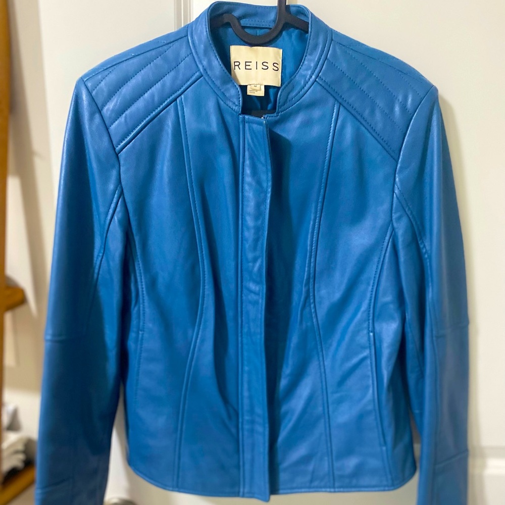 Reiss Jet Blue Leather Bomber